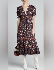 Ulla Johnson Zaria Printed V-Neck Tiered Midi Dress Sz 6 Navy Floral Prairie EUC