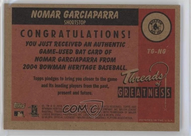 2004 Bowman Heritage Threads of Greatness Nomar Garciaparra #TG-NG - Image 2 of 2
