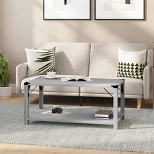 Willard Gray Wash Wood Two Tier Modern Farmhouse Coffee Table with Black Meta...