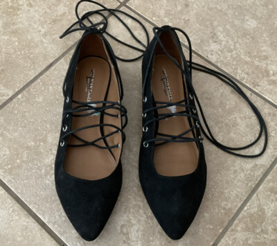 Women's Pointed Toe Lace Up Flat with Silver Grommets, Black