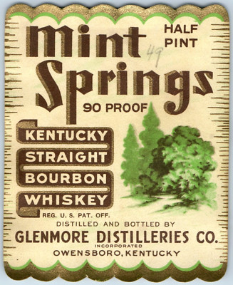 1920s-30s Mint Springs Kentucky Bourbon Whiskey Glenmore Owensboro, KY Label WL3