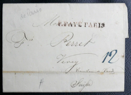FOLD FOR SWITZERLAND departure from PARIS - LINEAR P. PAYE PARIS - SEPTEMBER 1822