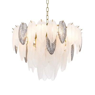 24'' Glass Feather Chandelier 8-Lights Gold Luxury Pendant Lamp Hanging Lighting