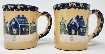 Alpine Pottery Mugs 1999 Roseville Ohio Winter Barn Scene Looks Handpainted VN