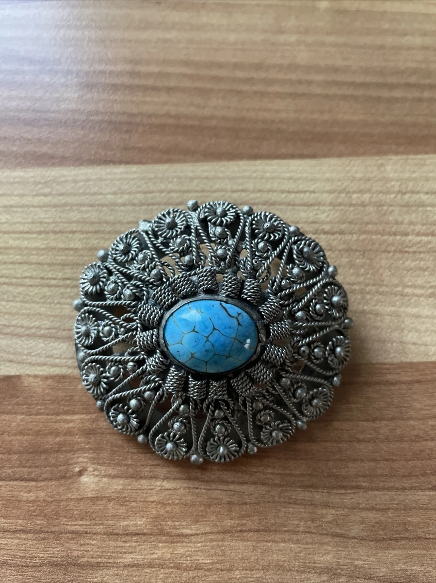 Vintage Silvertone Turquoise BLUE Stone Round BROOCH pendant