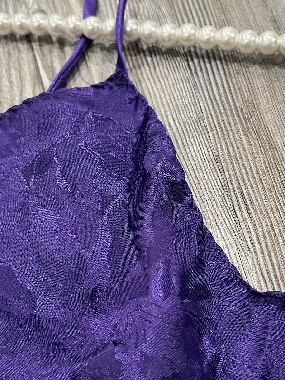 VTG Made In USA Woman’s Purple Floral Silky Satin Waved Trimmed Cami Lingerie L