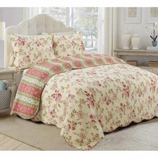 COZY SHABBY CHIC ELEGANT PINK GREEN RED YELLOW ROSE LEAF COUNTRY SOFT QUILT SET