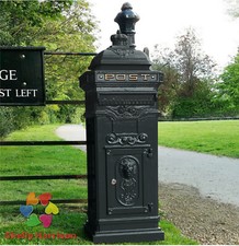 Large Cast Aluminium Lush Deep Black Pillar Mail Post box, Letter Box  