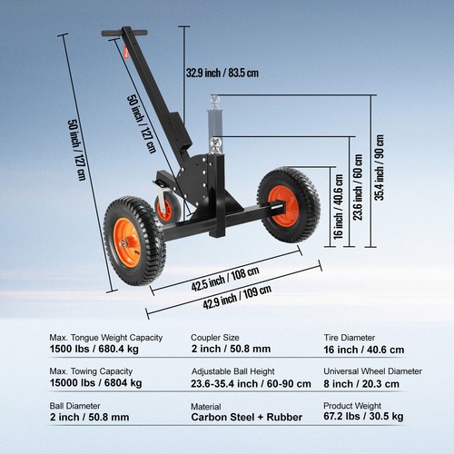 VEVOR 1500lbs 2 in 1 Trailer Dolly 23.6''-35.4'' Height 2'' Ball with Caster - Bild 7 von 12