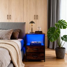 Led Nightstand with Charging Station 2 Drawers Night Stand Black Bedside Table