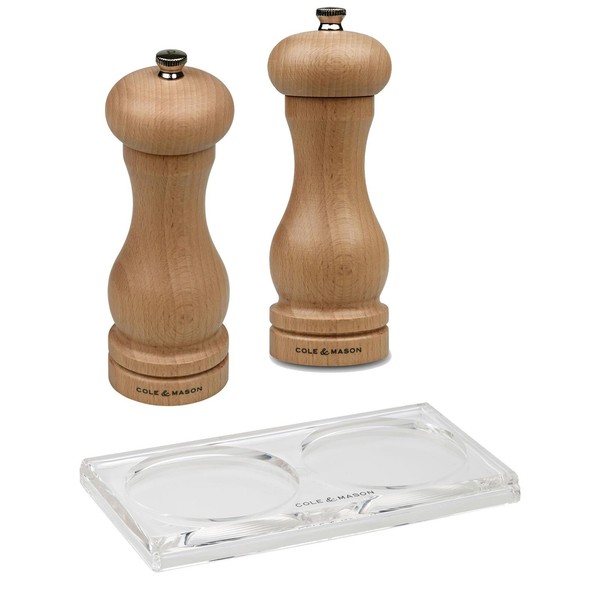 Cole & Mason Salz Pfeffer Streuer Set 16,5 Cm Buchenholz 2 MüHlen + Acryltablett-image