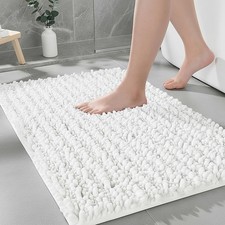 White, Chenille Bathroom Rugs 24x17 Absorbent Soft Non Slip