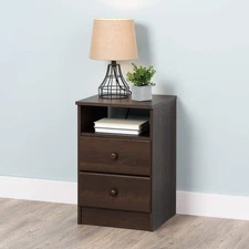 Astrid Simplistic Nightstand Side Table with 2 Drawers and Open Shelf, Functi...