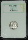 Mercury Dime. 1945 D . NGC MS66. Lot # 9066-416-016