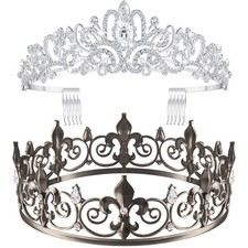 2 Pcs King and Queen Crowns for Men Women Metal Crystal Royal Tiara Crown for...