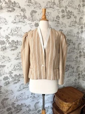 Vintage 80s Striped Linen Blazer Tan & White Button Closure Deep V Jacket