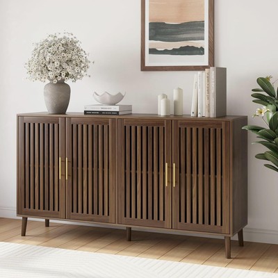 Sideboard Buffet 4 Slatted Doors Farmhouse Adjustable Shelf Coffee Bar Walnut