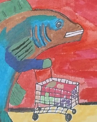 Original IMPRESSIONISM Painting 5x7 Inch Hand Painted Fish Shopping Cart Art
