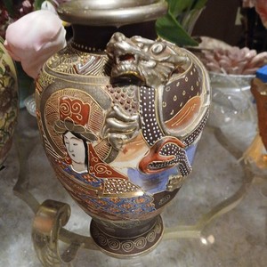 Antique Old Satsuma Ceramic Vase with Woman Man Foo Dog Handles Old Rare