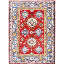 3'8"x4'10" Crimson Red Kazak with Tribal Motifs Hand Knotted Soft Wool Rug R341