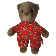 Eden Teddy Bear Plush Dark Brown 8" Red Pajamas Heart Puppy Print Vintage 1989
