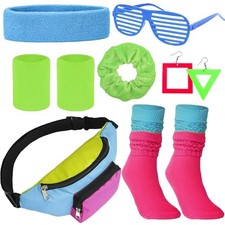 80s Neon Costume Set, 80s 90s Leg Warmers Yoga Headband Wristband Fanny Blue