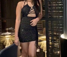 Hot & Delicious Black Rhinestone Cut Out Bodycon Mini Dress Sleeveless Medium