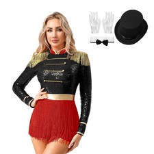 Women's Magician Circus Costume Tassel Epaulets Gold Trim Fringe Bodysuit Hat