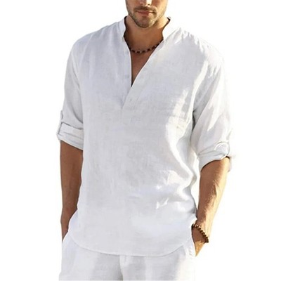 Men's Cotton Linen Henley Long Sleeve Shirt Casual Beach T-shirt Tee Summer Gift