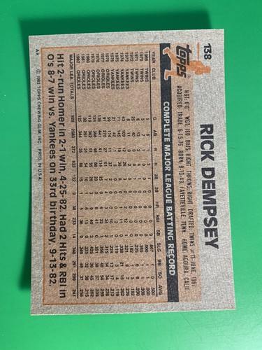 1983 Topps Rick Dempsey #138 Baltimore Orioles - Picture 2 of 2