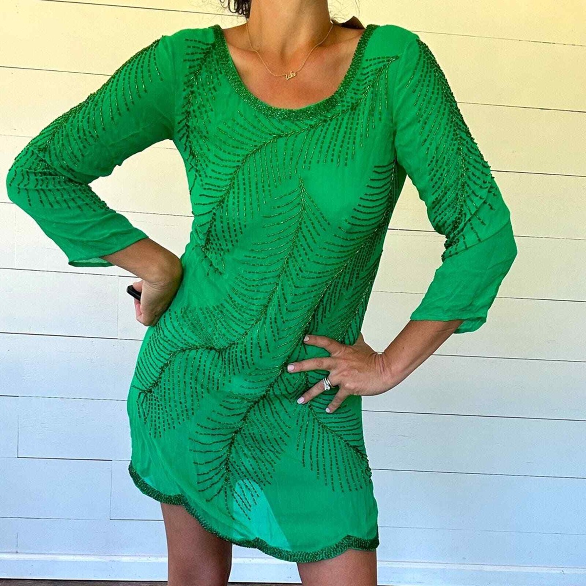 green sequin flapper dress Zapaka Women Black 1920s Flapper Dress V Neck Long Sleeves Vintage Dress With Fringes, Dark Green / M main image 0