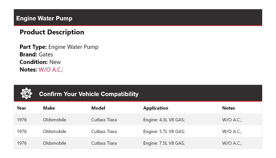 Ворота водяного насоса двигателя тиары для 1976 Oldsmobile Cutlass - Изображение 2 из 4