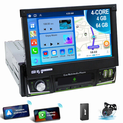 Autoradio 4+64G 1 DIN 7'' Android 14 Manual Flip Out DAB+ GPS WIFI Carplay Kamera