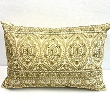 Pier 1 Gold Tan Beige Beaded Accent Lumbar Throw Pillow 11”x18” Boho Chic