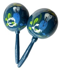 Teal Blue Gourd Maracas Hand Painted Wood Handle Yellow Green Blue White 7.5  