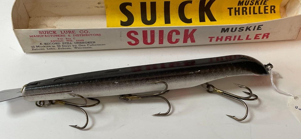 Leurre De Pêche Vintage Suick Muskie Thriller - 3/4 Oz - Blanc/Rouge - Bois - Boîte D'origine