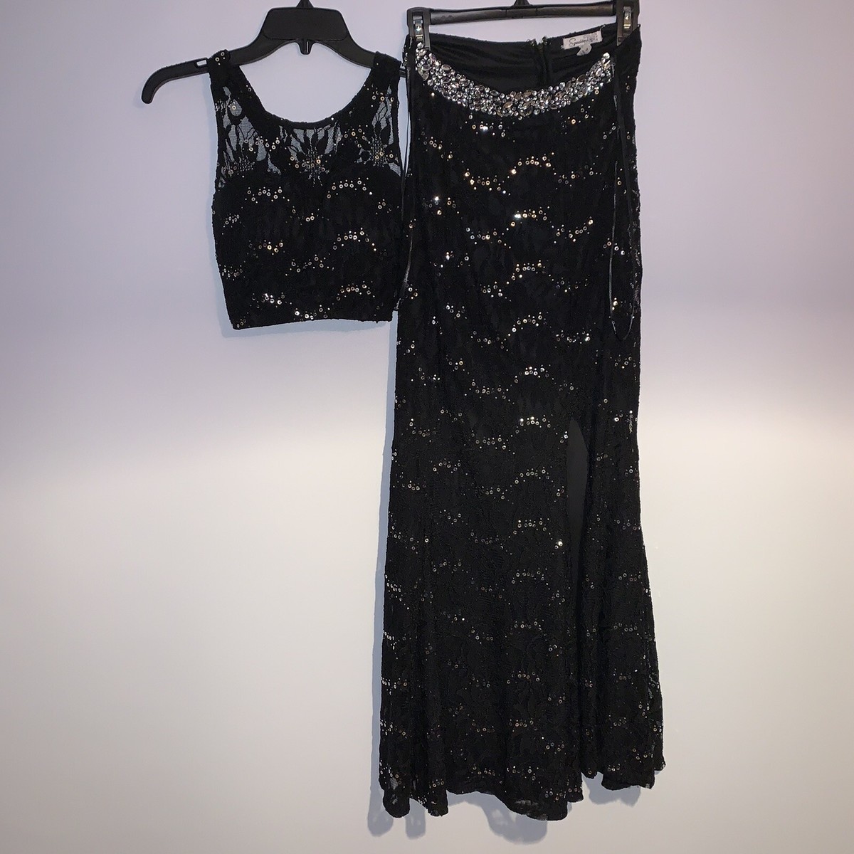 black and silver 2 piece prom dress GLS Black 2 Piece Set Formal Prom Dress - Sleeveless High Neck with Sheer Crop Top
