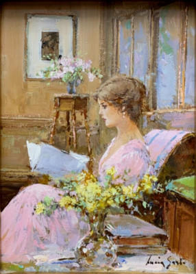 Oil Painting Lucia Sarto Italy Young Lady With Book Reading From Art Collection