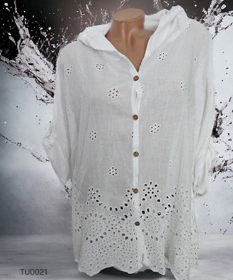 Hemd Jacke Tunika Shirt Kurzarm  Gr.44 46 Weiß TU0021