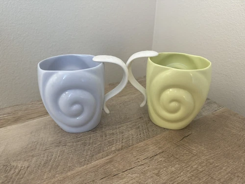 Studio Pottery Coffee Mugs Set Of 2 Cups Light Blue Green Swirl Leaf Signed