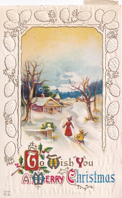 Vintage Postcard Xmas Christmas Victorian 1915 C-110 Holly Sleigh Victorian A2