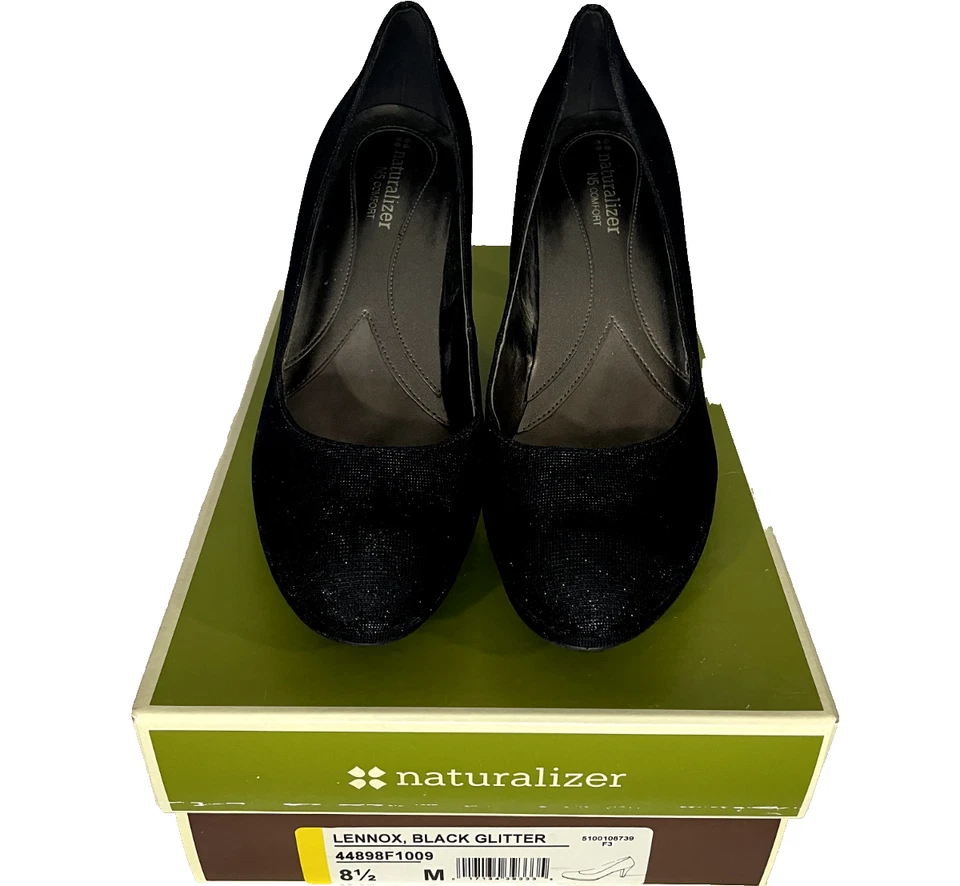 Zapatos de salón cómodos naturalizadores de tacón negro brillante con caja vestido clásico brillante 8,5 M Foto 2 de 4