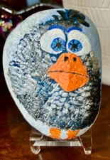 OOAK Hand Painted Rock/Stone Collectible "Crazy Silver Bird" Outdoor  Art Garden