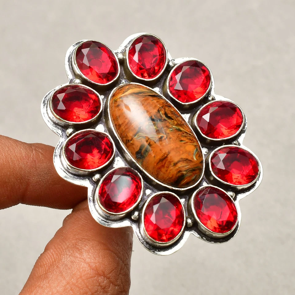 Anillo de joyería hecho a mano de plata de ley 925 con piedras preciosas de pietersita 8 Foto 2 de 4