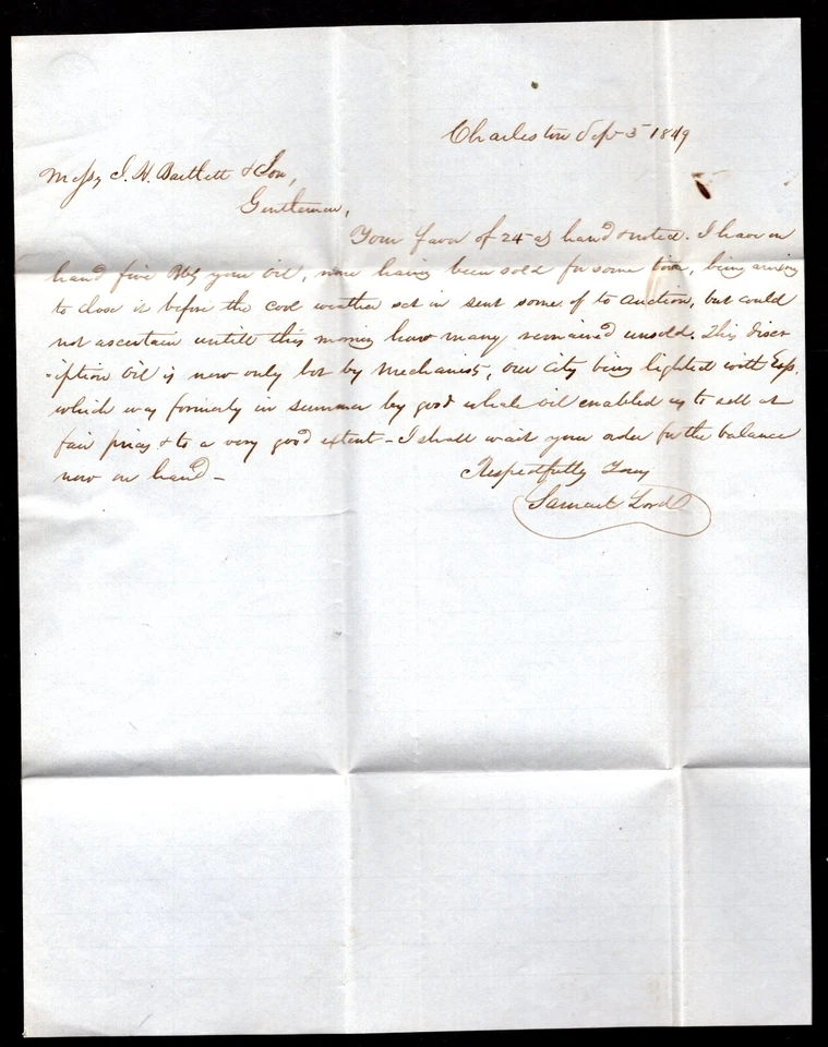 US 1849 FOLDED LETTER "OUR CITY BEING LIGHTED WITH ESPECIALLY GOOD WHALE OIL" - Image 3 of 3