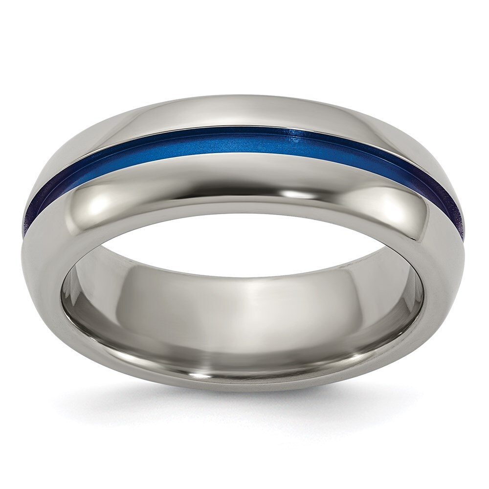 Titanium with Blue Anodized Center Stripe Domed 7mm Band Ring Size 7