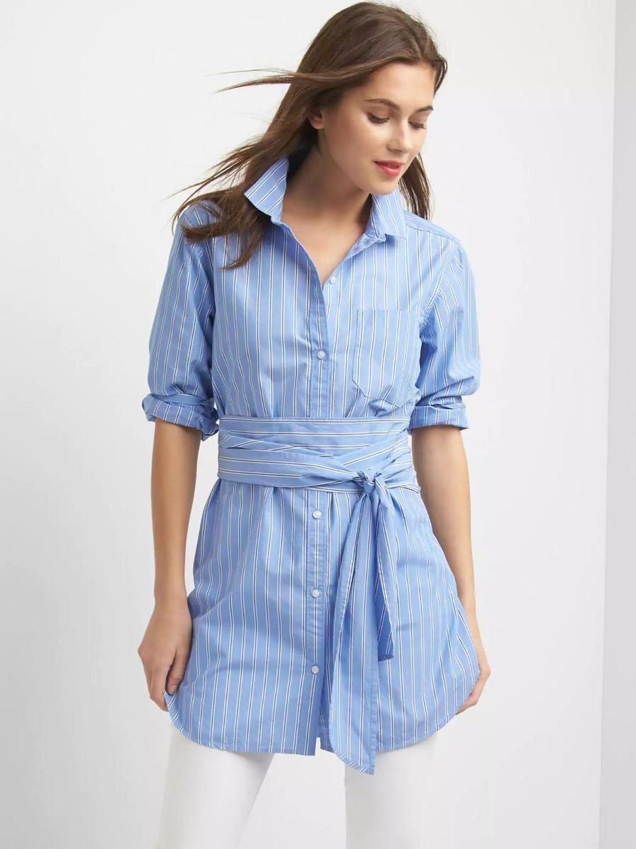 NWOT Gap Stripe wrap-belt shirt, Blue Stripe SIZE LT L T #790434