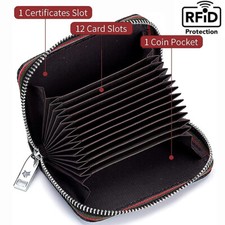 RFID Leather Card Holder Wallet Blocking Credit Card Zipper For Women Men Black