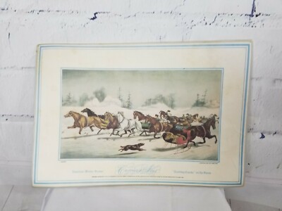 Vintage Currier Ives reversible Set of 4 Americana Winter Scene Placemats vinyl