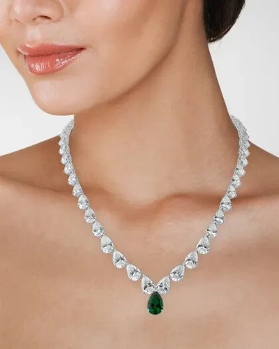 23CT Pear Cut Simulated Green Emerald/CZ Tennis Necklace14k White Gold-Plated SS - Picture 2 of 4